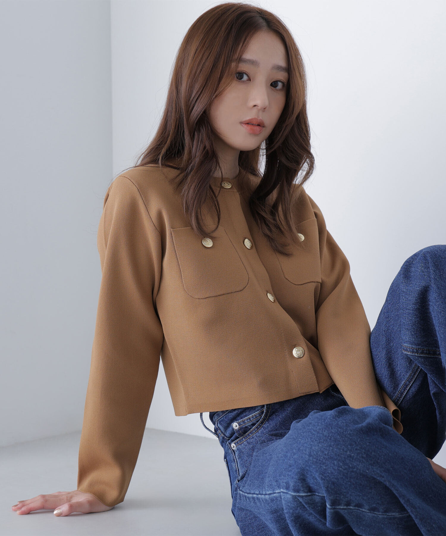  「エンブレムボタンニットジャケット」|ニット・セーター|キャメル1