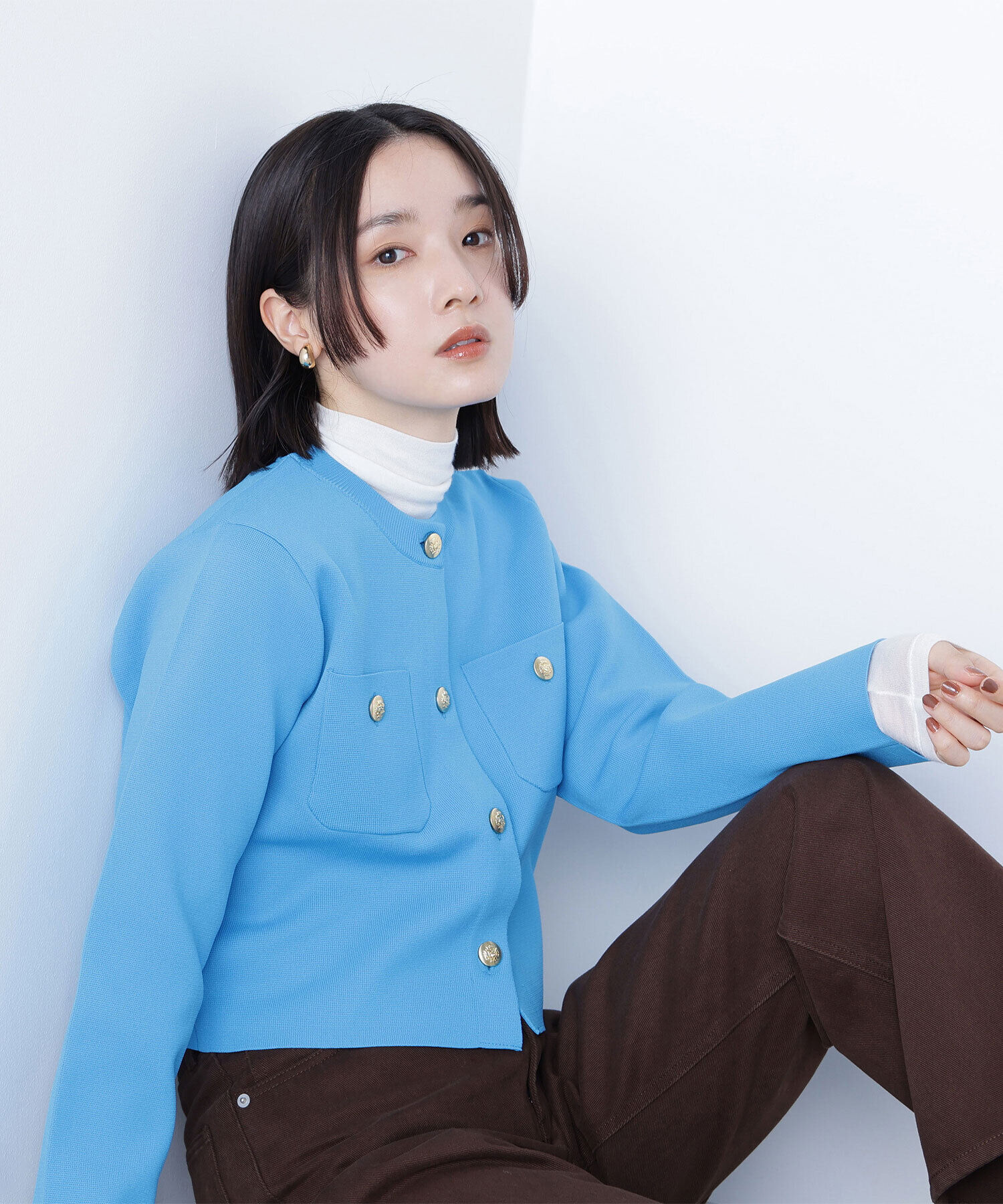  「エンブレムボタンニットジャケット」|ニット・セーター|ブルー