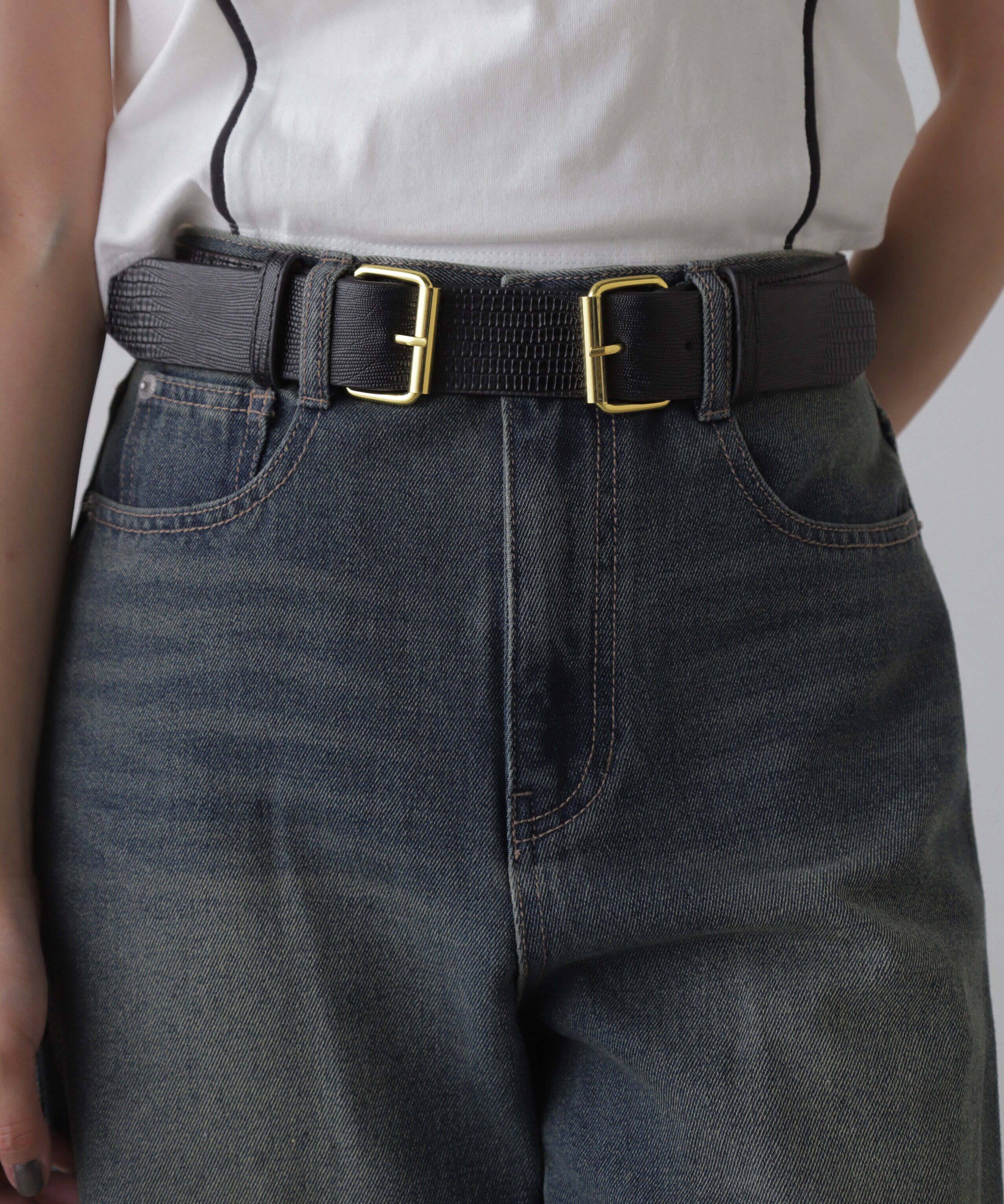  「Ｗバックル太ゴムベルト」|ハンカチ|ブラック