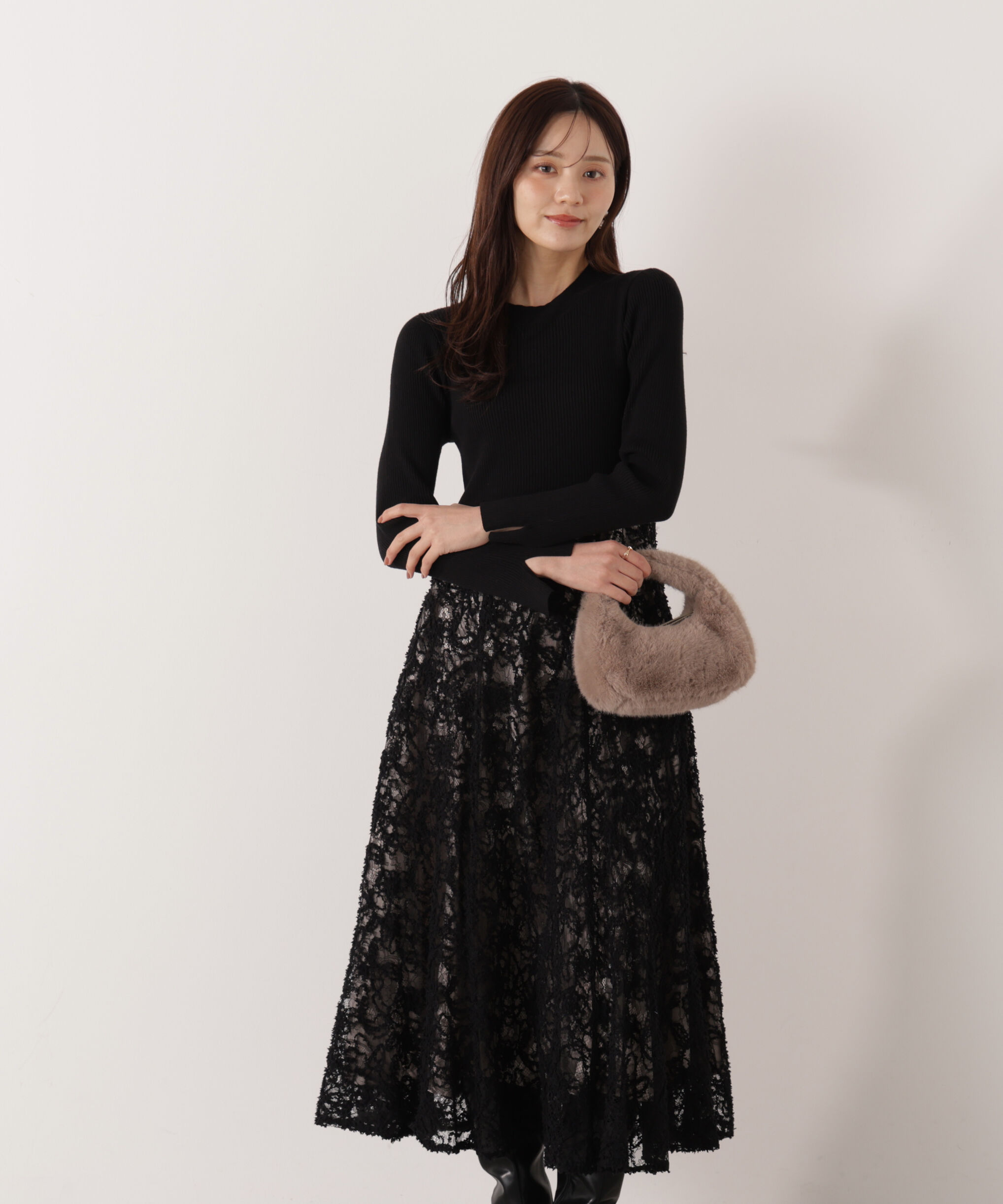 PROPORTION BODY DRESSING「レースドッキングニットワンピース 26SS」|ワンピース|ブラック