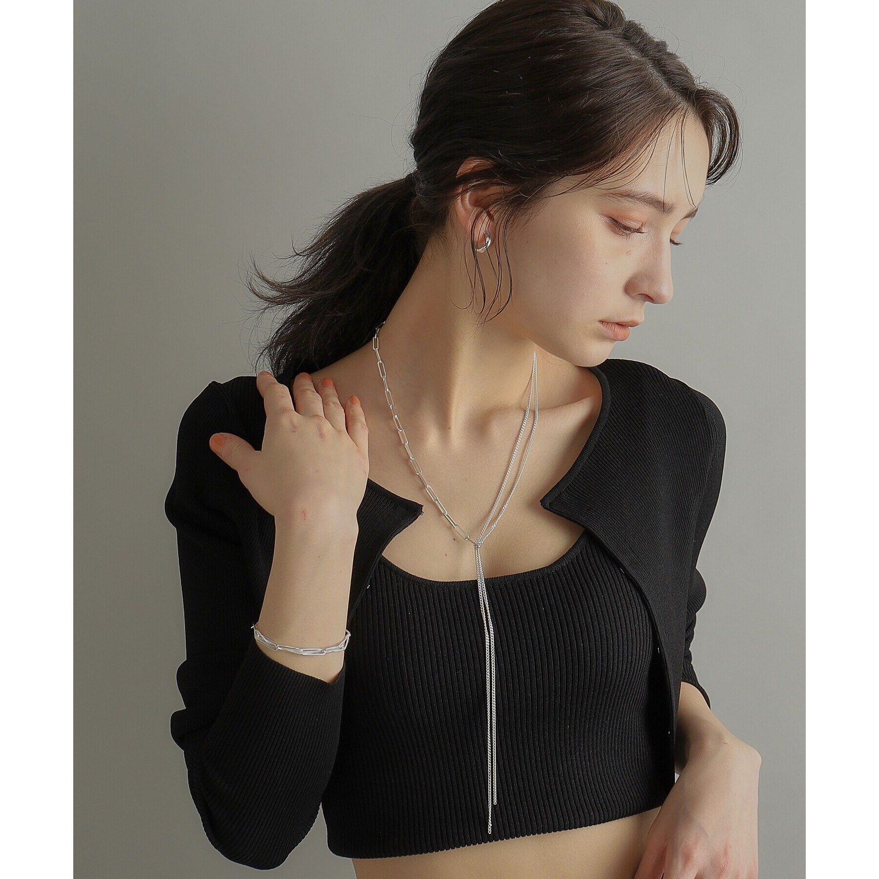 COCOSHNIK ONKITSCH「シルバー ミックスチェーン フラットカーブ スルー ブレスレット」|ブレスレット・バングル|