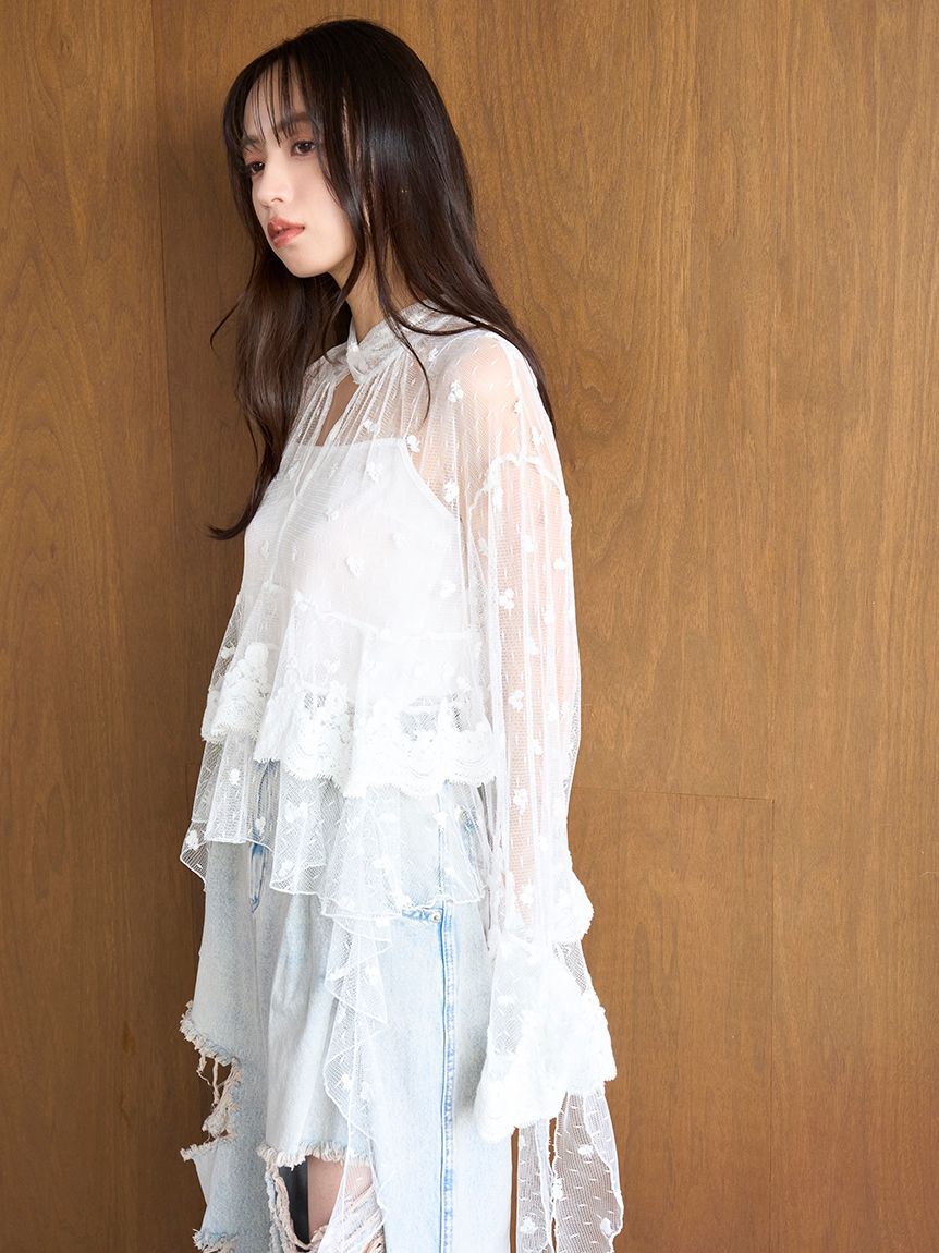 SNIDEL「チュールエンブロイダリーレースブラウス」|シャツ・ブラウス|