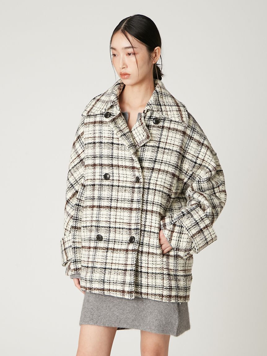 FRAY I.D「ダブルブレストチェックミドルコート」|ピーコート|