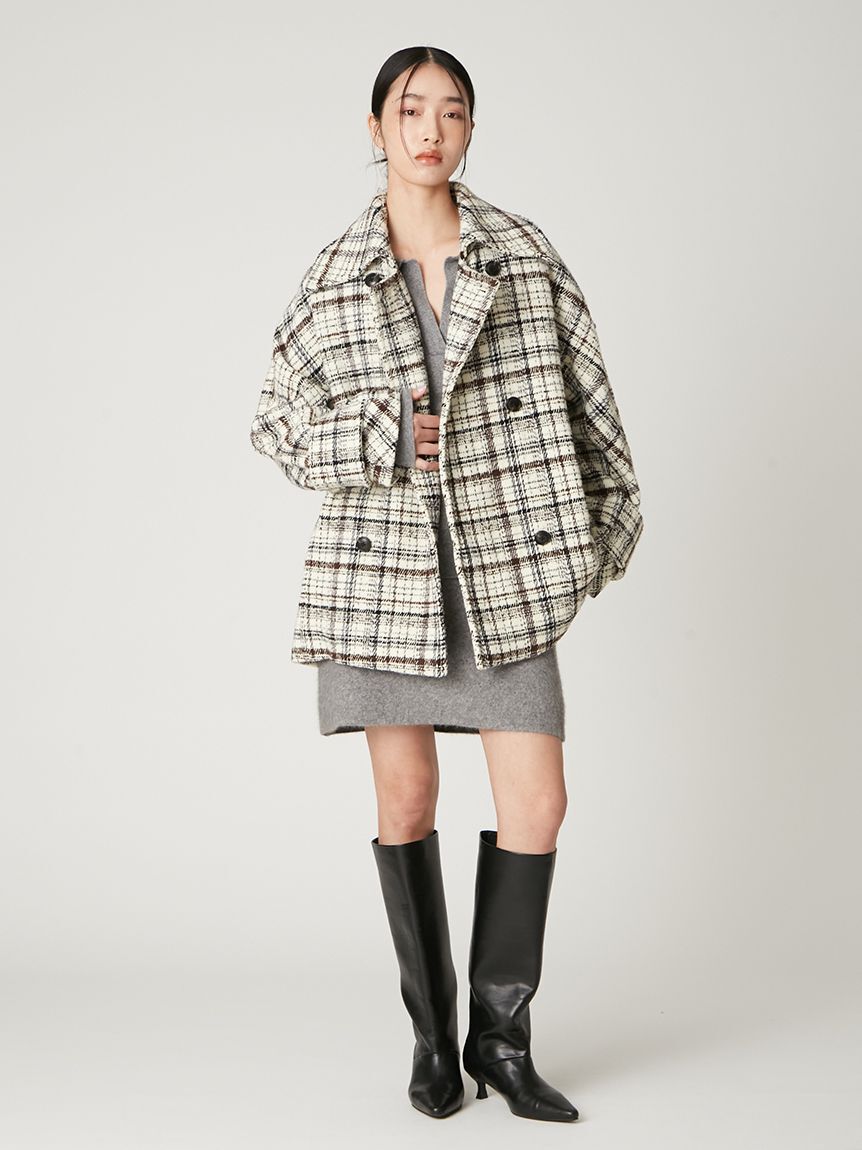 FRAY I.D「ダブルブレストチェックミドルコート」|ピーコート|