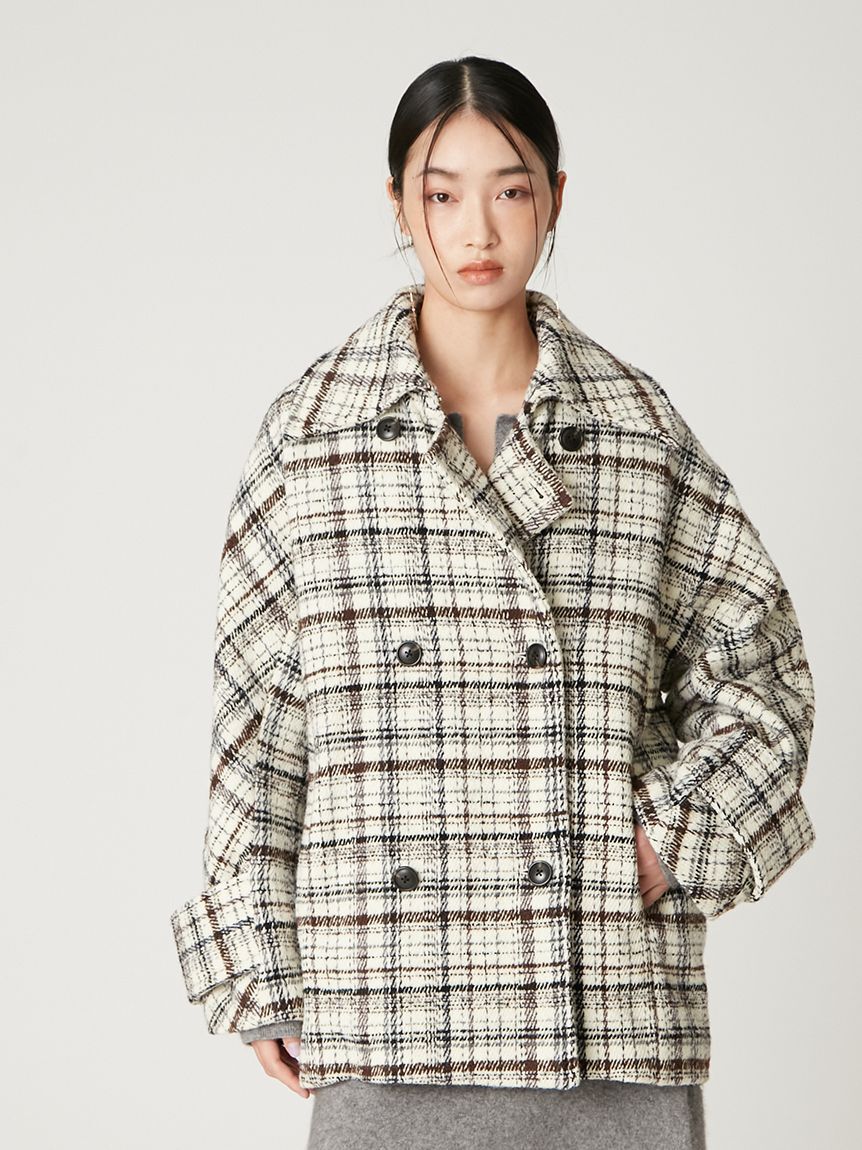 FRAY I.D「ダブルブレストチェックミドルコート」|ピーコート|