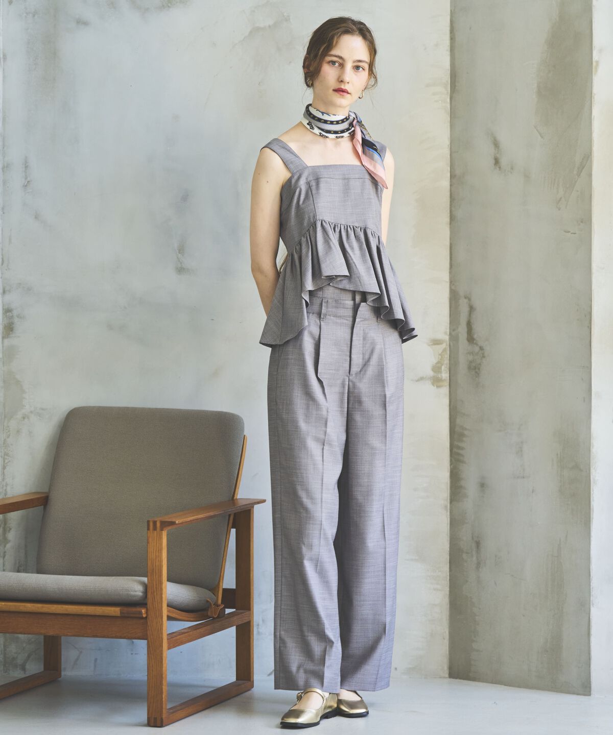 アンドクチュール「シャンブレーハイウエストワイドパンツ」|その他|グレー