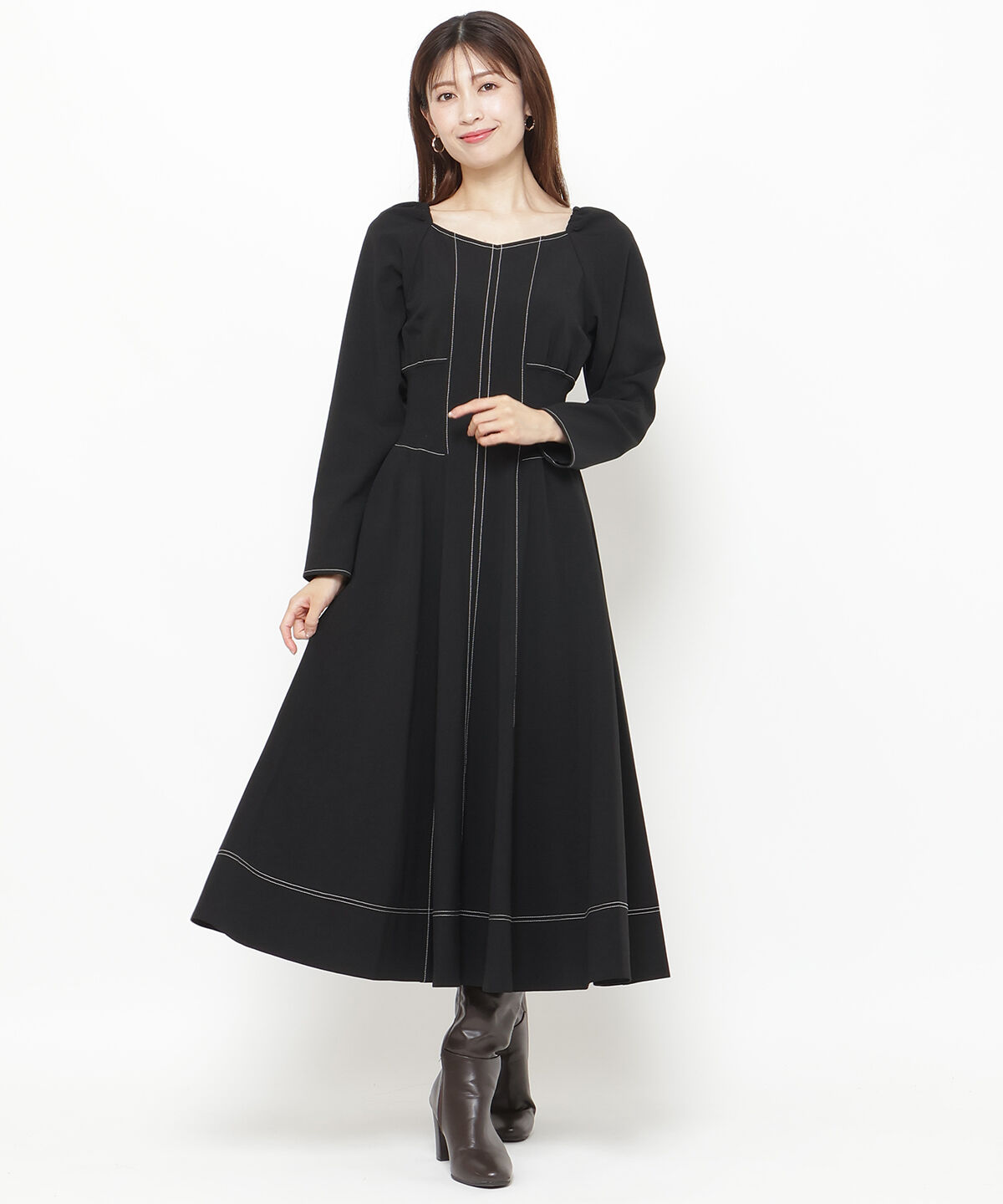 アンドクチュール「ウエストリブ配色ステッチワンピース」|ワンピース|