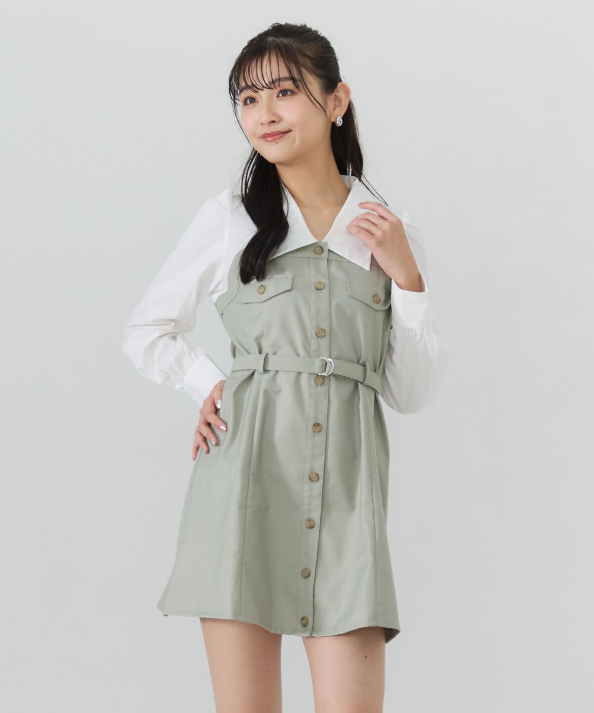 REDYAZEL「レイヤードデザインミニシャツワンピース」|ワンピース|カーキ