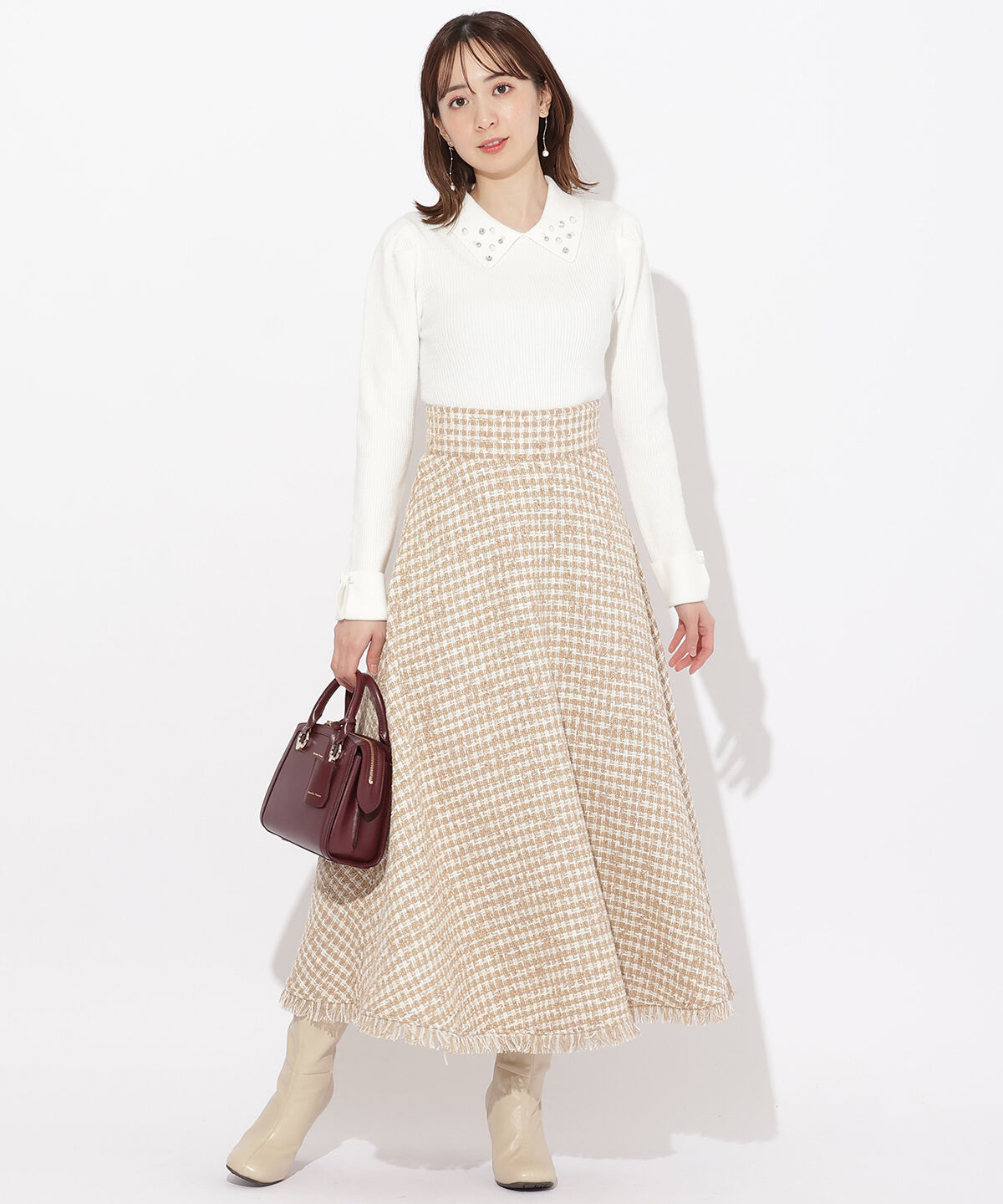 WILLSELECTION「フリンジチェックスカート」|フレア|beige/ﾁｪｯｸ