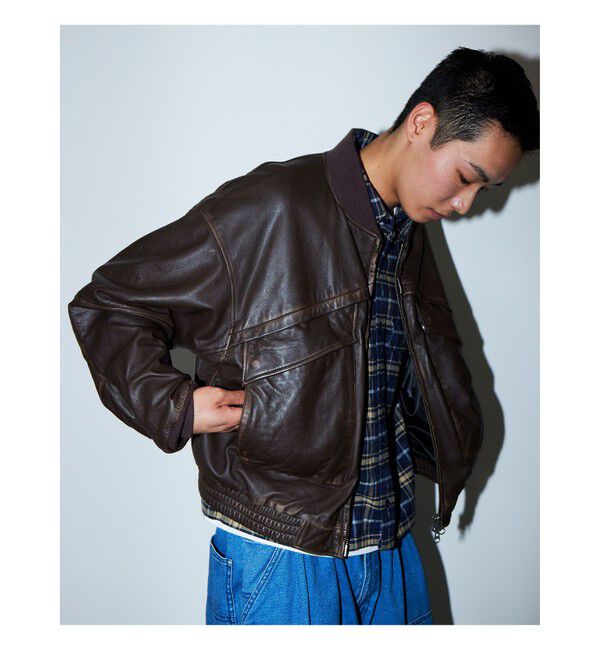 BEAMS「ユーズド加工 レザー ショートブルゾン」|ブルゾン・スタジャン|BROWN