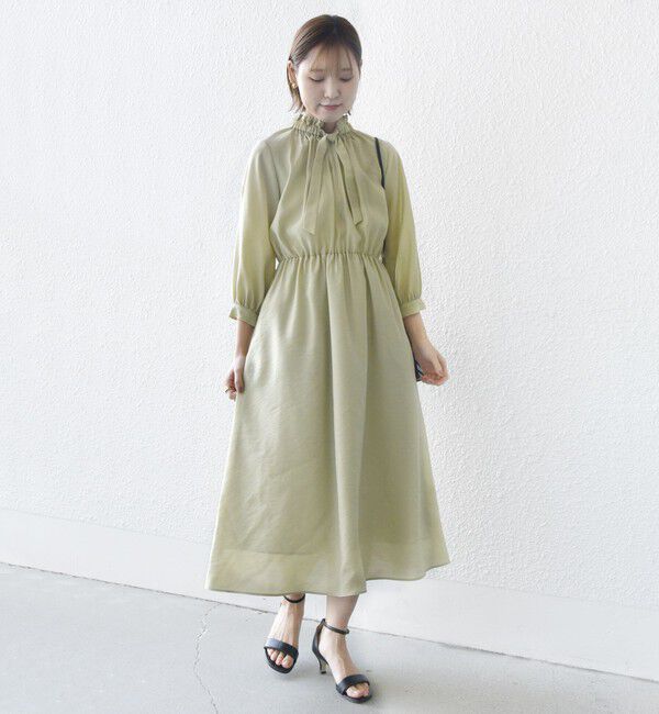 SHIPS for women「〈手洗い可能〉ネック ギャザー 7分袖 ボウタイ ワンピース」|ワンピース|