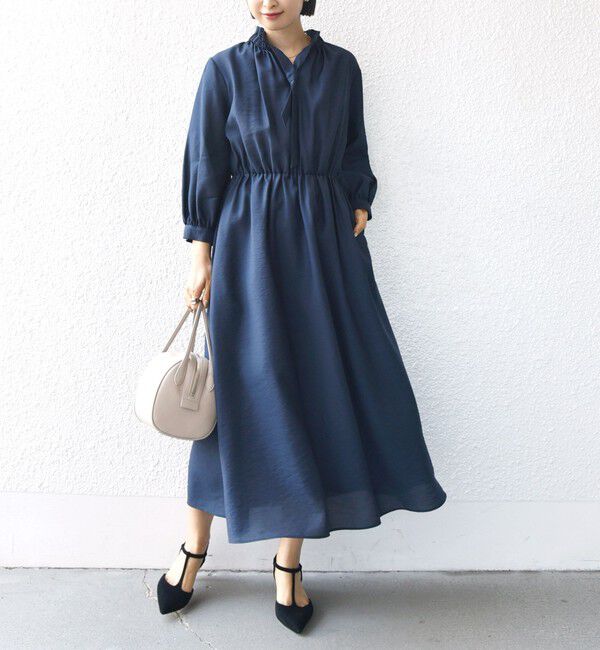 SHIPS for women「〈手洗い可能〉ネック ギャザー 7分袖 ボウタイ ワンピース」|ワンピース|ネイビー