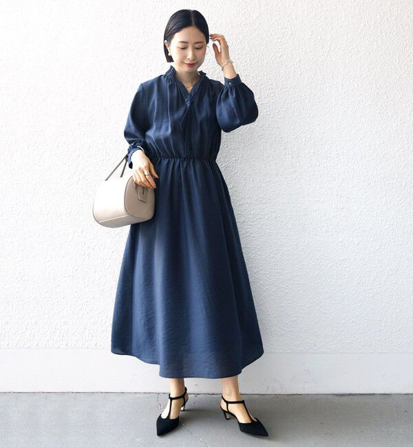 SHIPS for women「〈手洗い可能〉ネック ギャザー 7分袖 ボウタイ ワンピース」|ワンピース|