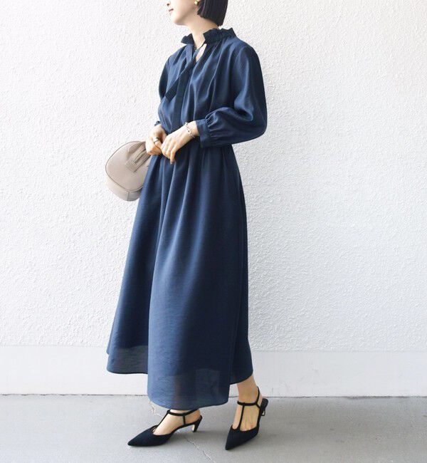 SHIPS for women「〈手洗い可能〉ネック ギャザー 7分袖 ボウタイ ワンピース」|ワンピース|