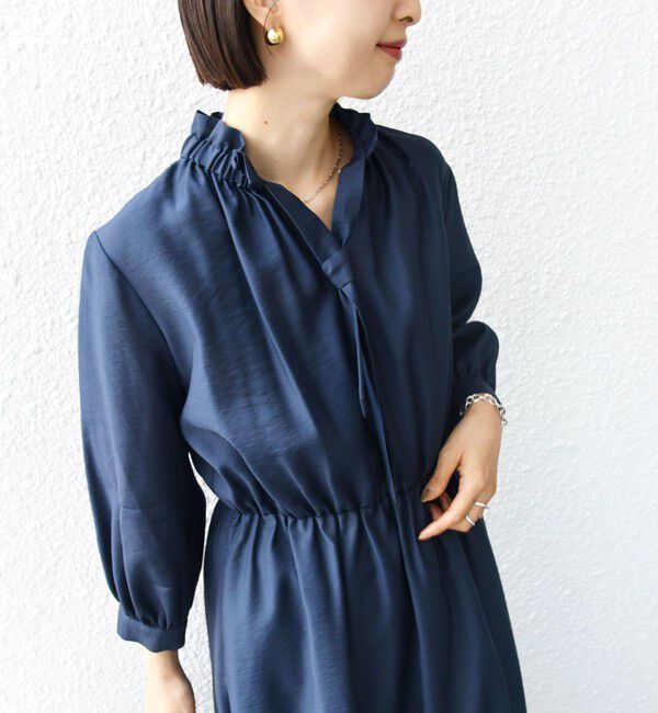SHIPS for women「〈手洗い可能〉ネック ギャザー 7分袖 ボウタイ ワンピース」|ワンピース|