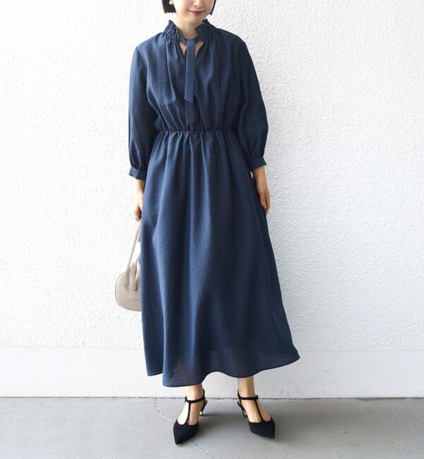 SHIPS for women「〈手洗い可能〉ネック ギャザー 7分袖 ボウタイ ワンピース」|ワンピース|