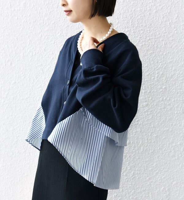 SHIPS for women「【WEB限定】〈手洗い可能〉布帛 コンビ Vネック カーディガン」|カーディガン|ネイビー