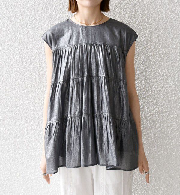 SHIPS any「SHIPS any:〈手洗い可能〉箔 ティアード レースアップ フレンチスリーブ ブラウス」|シャツ・ブラウス|