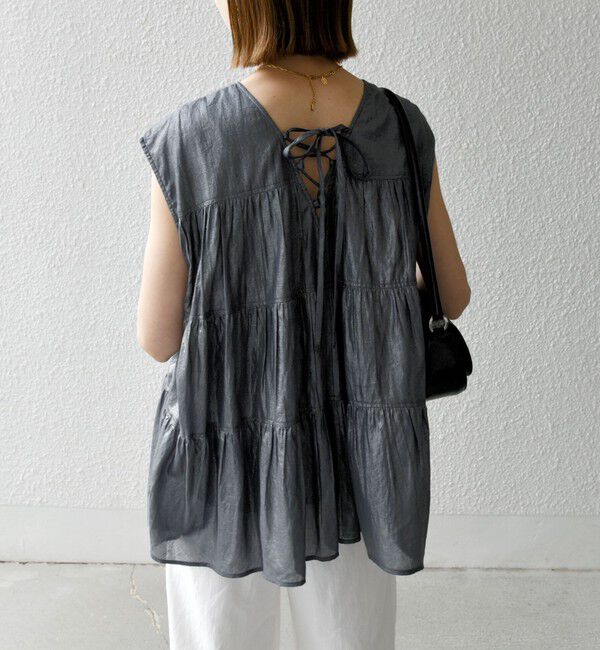 SHIPS any「SHIPS any:〈手洗い可能〉箔 ティアード レースアップ フレンチスリーブ ブラウス」|シャツ・ブラウス|