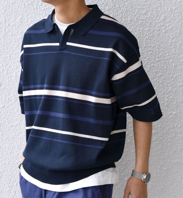 SHIPS any「SHIPS any:〈手洗い可能〉リネンミックス ハイゲージ ニット スキッパー ポロシャツ◇」|ポロシャツ|ネイビー