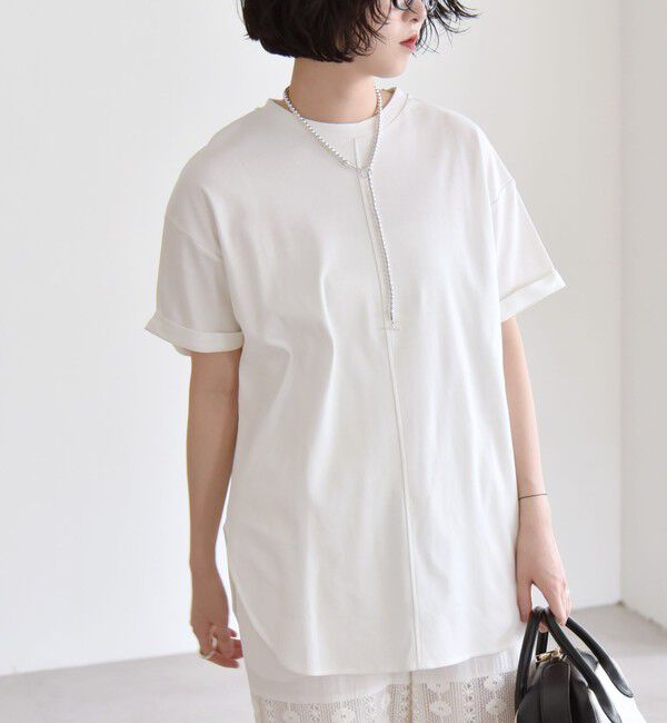 quaranciel「quaranciel:〈接触冷感/汗染み防止/洗濯機可能〉スリット ルーズ チュニック TEE」|Tシャツ・カットソー|ホワイト