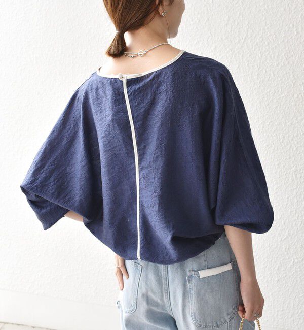 SHIPS any「《追加予約》SHIPS any:〈洗濯機可能〉フラワー ジャカード ドルマン パイピング ブラウス」|シャツ・ブラウス|ネイビー