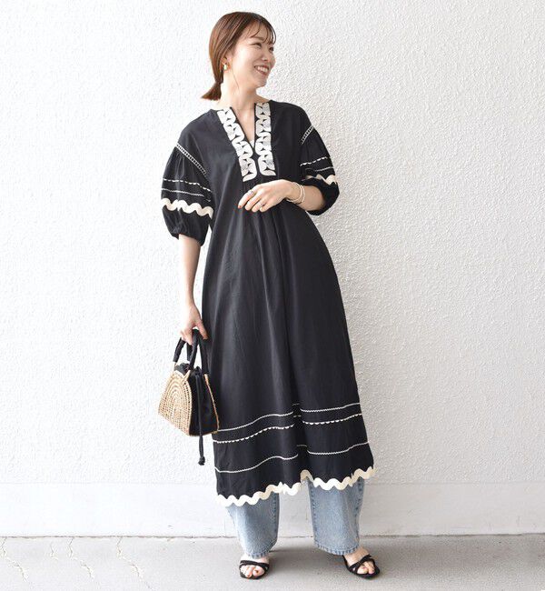 SHIPS any「bon_meur:〈洗濯機可能〉ジオメトリック エンブロイダリー パフ マキシ ワンピース」|ワンピース|