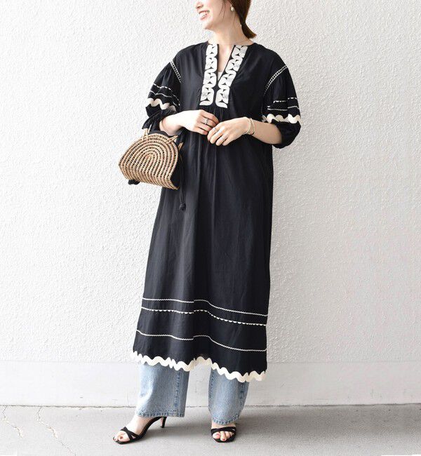 SHIPS any「bon_meur:〈洗濯機可能〉ジオメトリック エンブロイダリー パフ マキシ ワンピース」|ワンピース|