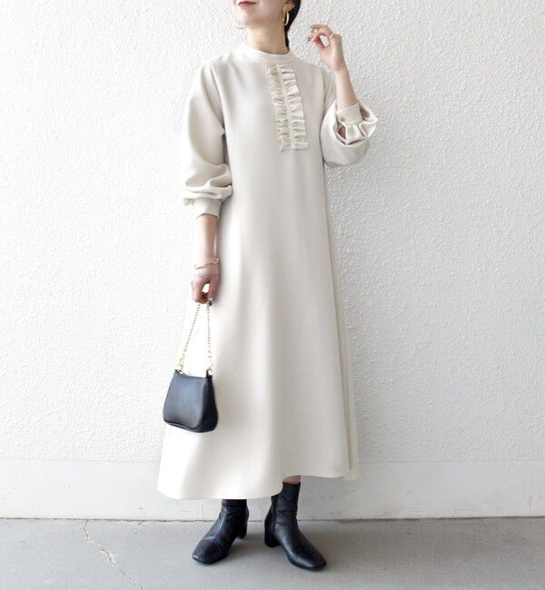 SHIPS any「《追加予約》SHIPS any:〈洗濯機可能〉ダブルクロス フリル パフ スリーブ ワンピース［NAVY BLUE］」|ワンピース|オフホワイト