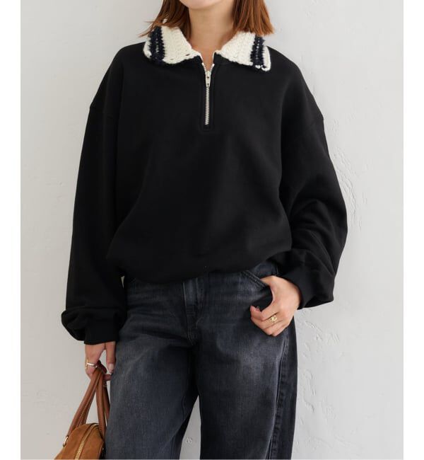 U by SPICK&SPAN「KIJUN/キジュン Crochet Collar Half Zip-Up Pullover」|スウェット・ジャージ|ブラック