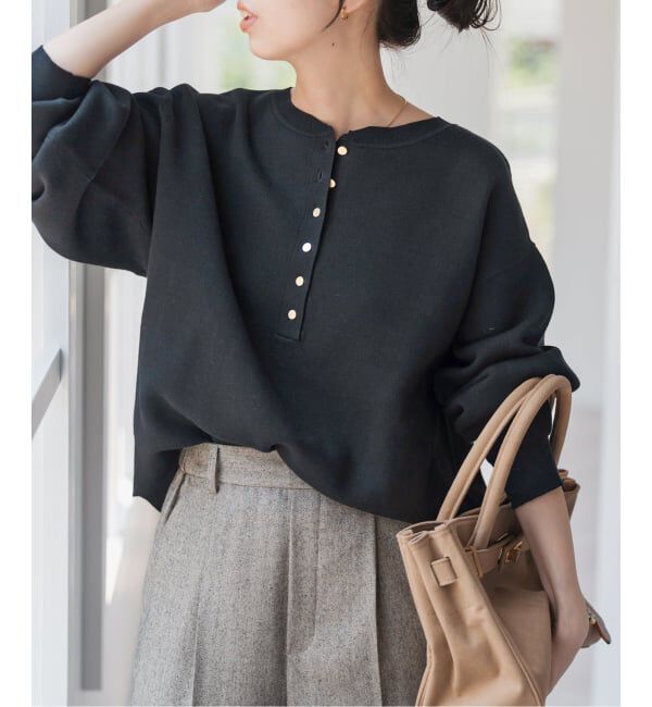 Spick and Span「《WEB限定カラー有り / 追加3》メタルボタンヘンリーネックニット」|ニット・セーター|ブラック