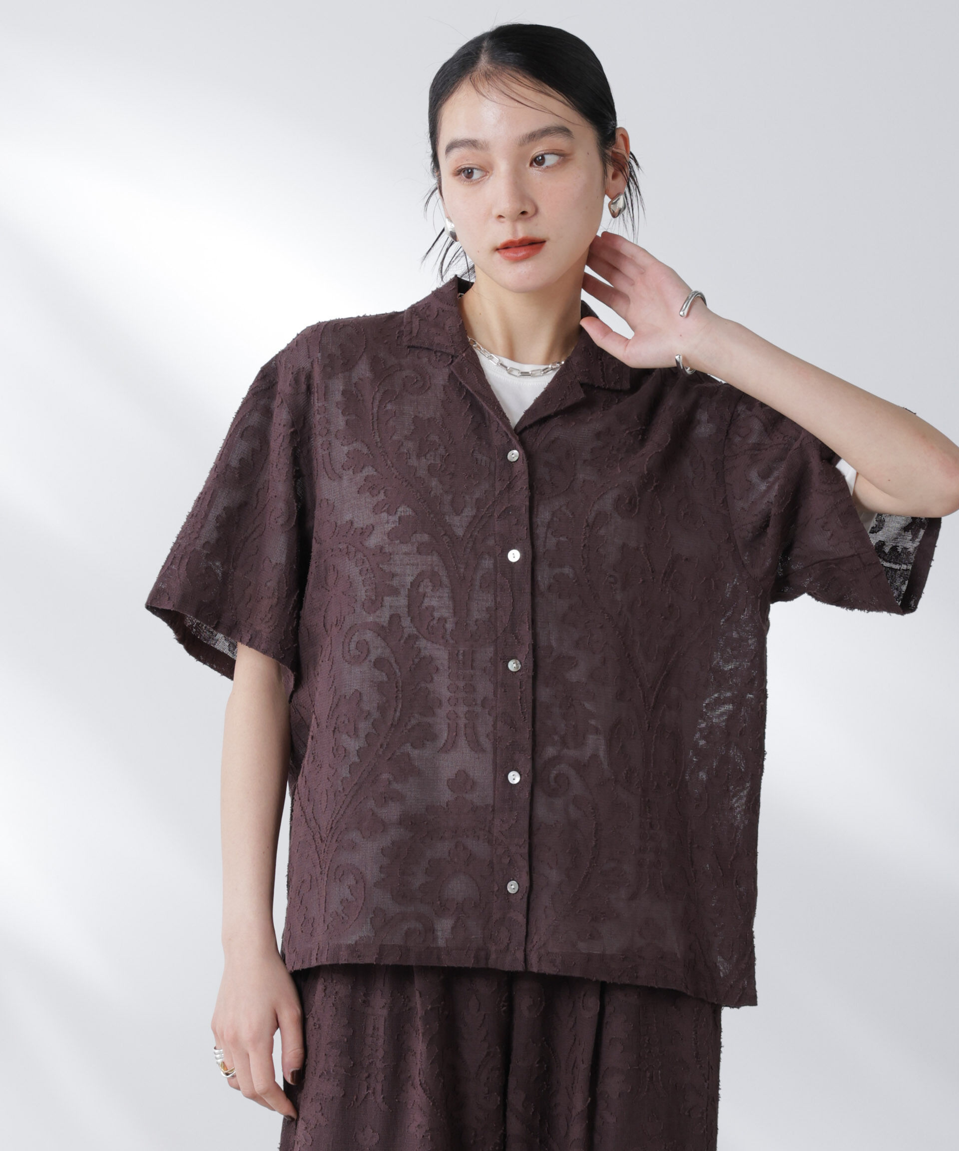 nano･universe「made in india カットワークジャカードシャツ(セットアップ可)」|シャツ・ブラウス|ブラウン