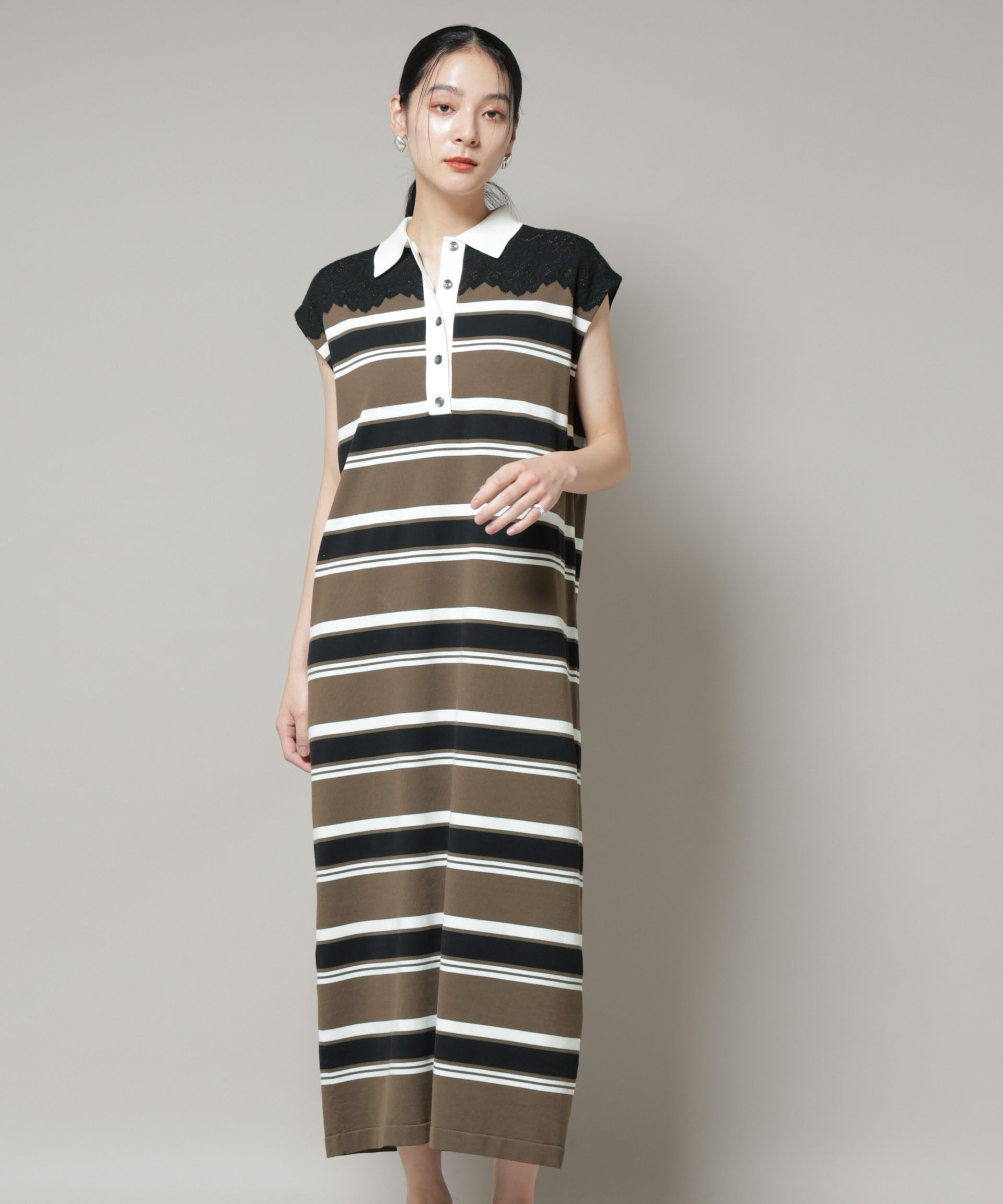 nano･universe「コットンボーダーレース編みポロニットワンピース」|ワンピース|