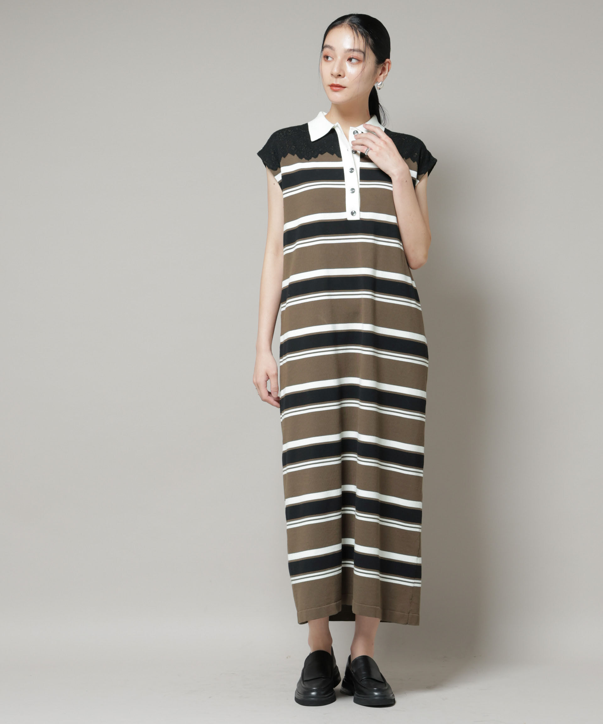 nano･universe「コットンボーダーレース編みポロニットワンピース」|ワンピース|