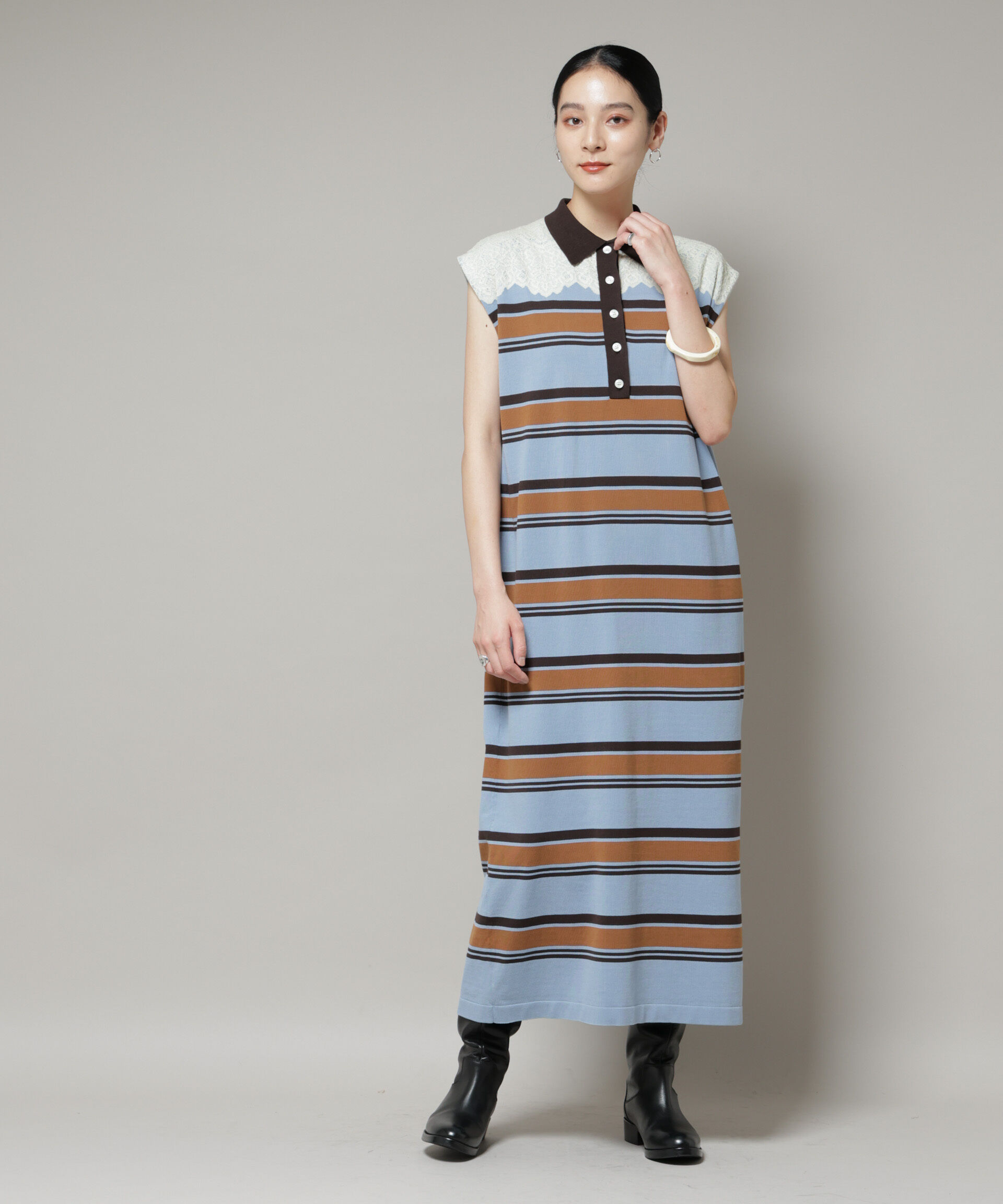 nano･universe「コットンボーダーレース編みポロニットワンピース」|ワンピース|