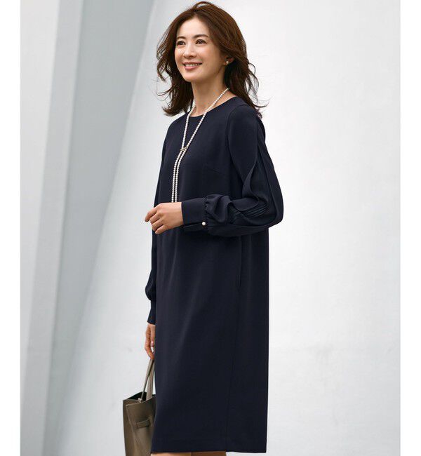 23区「【セットアップ対応】トリアセダブルジョーゼット スリットシフォンスリーブ ワンピース」|ワンピース|ネイビー系