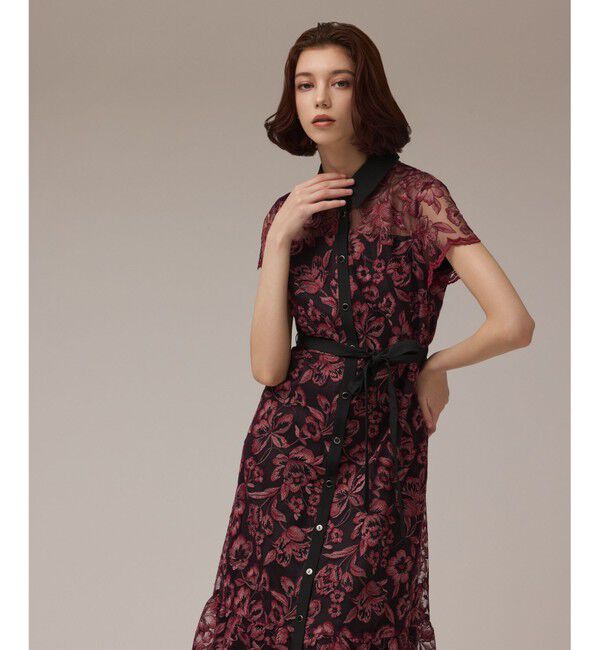 GRACE CONTINENTAL「チュールフラワー刺繍ワンピース」|ドレス|ボルドー