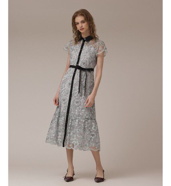 GRACE CONTINENTAL「チュールフラワー刺繍ワンピース」|ドレス|サックス