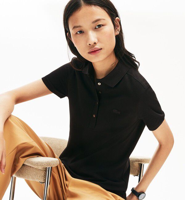 LACOSTE「スリムフィット ストレッチコットンピケポロシャツ（半袖）」|ポロシャツ|ブラック