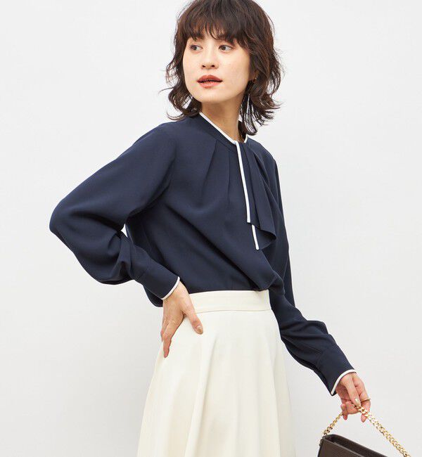 NOLLEY'S「ウォッシャブルストレッチジョーゼットボウタイ風ブラウス」|シャツ・ブラウス|ネイビー系1