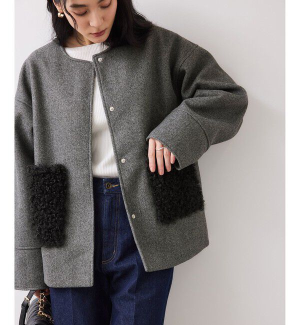 VIS「【WEB限定】ボアポケットノーカラーコート」|その他|チャコール(06)