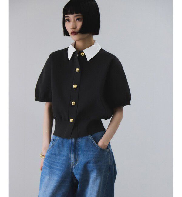 ADAM ET ROPE'「【サステナブル】カラー付きハーフスリーブカーディガン」|カーディガン|チャコール(06)