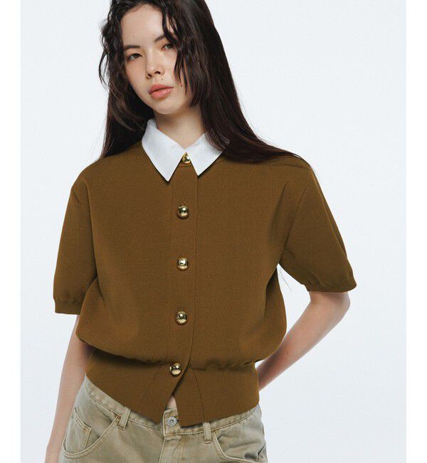 ADAM ET ROPE'「【サステナブル】カラー付きハーフスリーブカーディガン」|カーディガン|キャメル系(26)