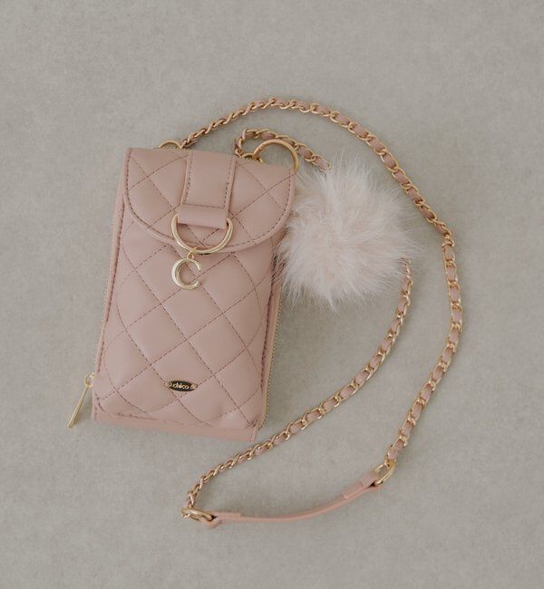  「ファーチャーム付きキルティングスマホポーチ」|その他|ピンク