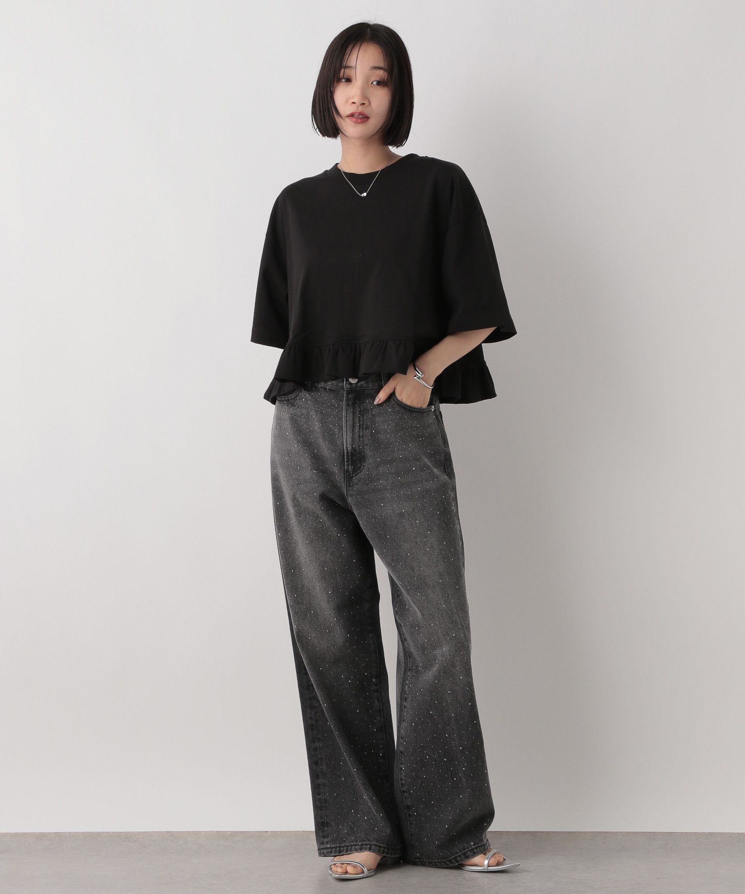 LOWRYS FARM「ビジューワイドストレートＰ」|デニム|