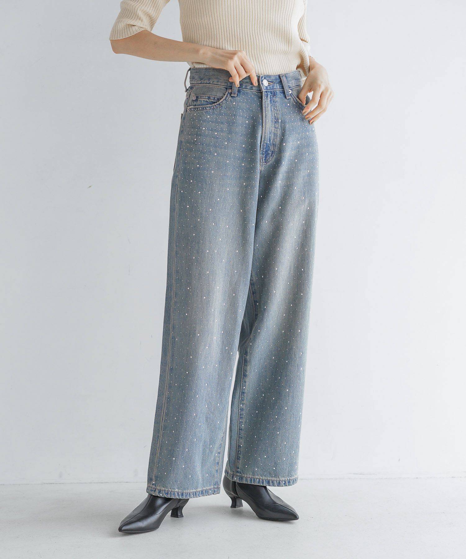 LOWRYS FARM「ビジューワイドストレートＰ」|デニム|