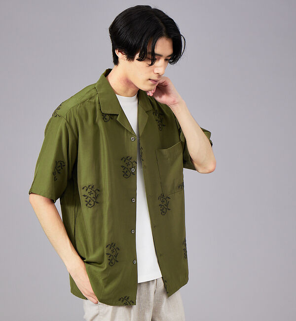 ABAHOUSE「【刺繍】リーフ柄 オープンカラー 半袖シャツ」|シャツ・ブラウス|カーキ
