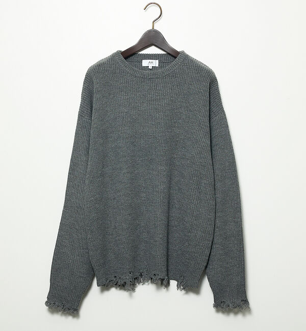 ABAHOUSE「【AH ABAHOUSE】畦編み ダメージ クルーネックニット プルオーバー」|ニット・セーター|グレー