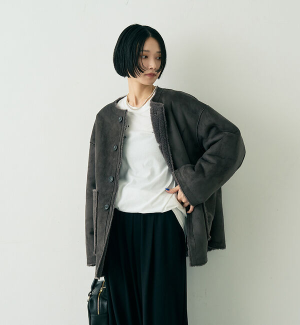 Rouge vif「【2サイズ展開】2WAYスウェードリバーシブルボアコート / ノーカラーコート」|ノーカラーコート|