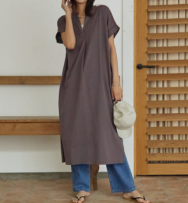 abahouse mavie「【大人のいちまんワンピ】シルケット天竺スキッパーワンピース」|ワンピース|チャコールグレー